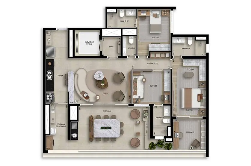 Planta 134m² 3 Suítes Boulevard Butantã